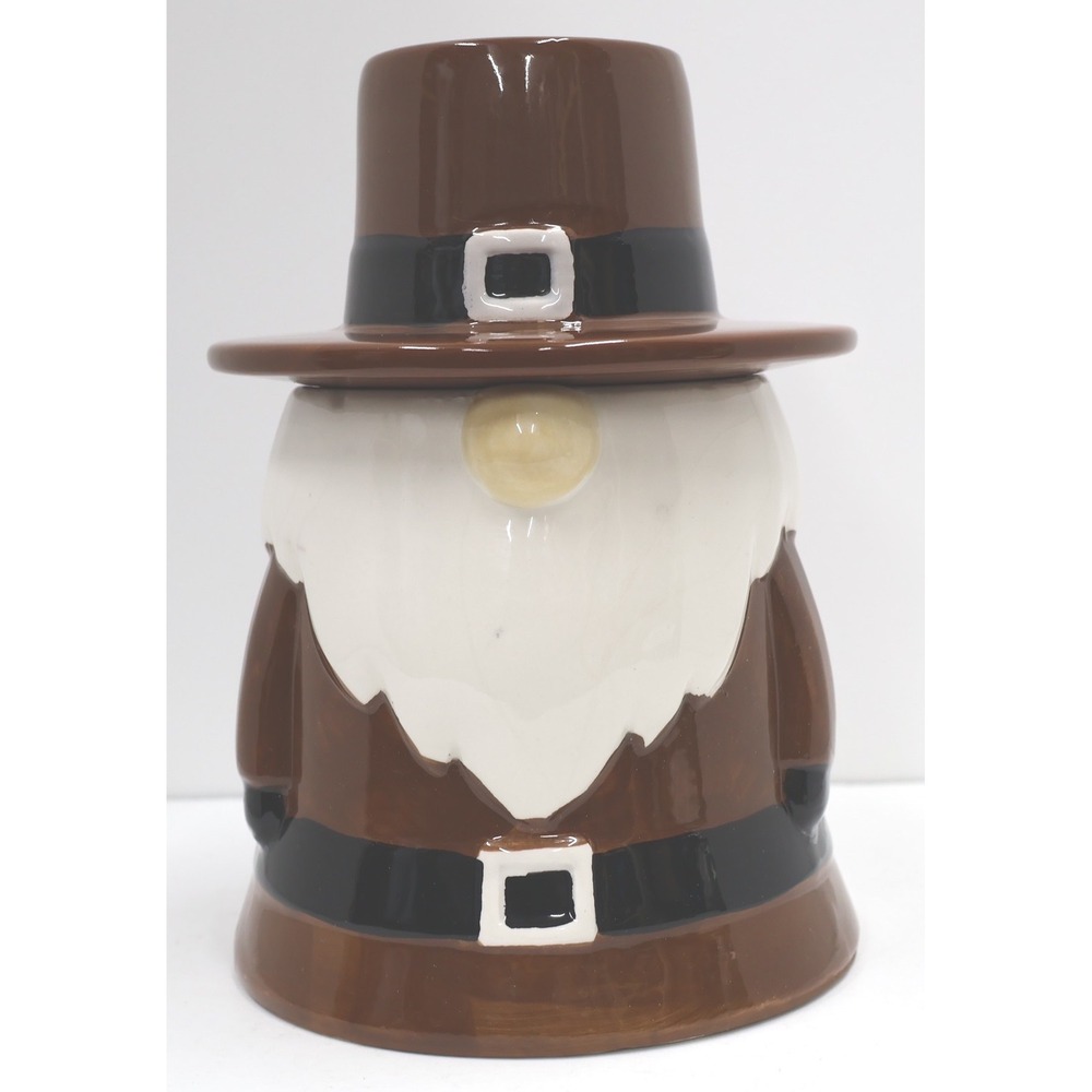 Arlington Designs Gnome Cookie Jar Pilgrim Brown Thanksgiving OS Good Crazing